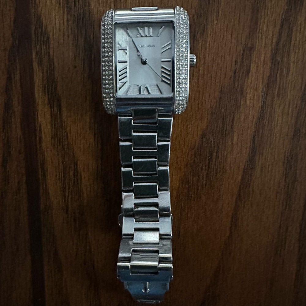 Michael Kors Silver Rectangular Watch with Crystal Details
